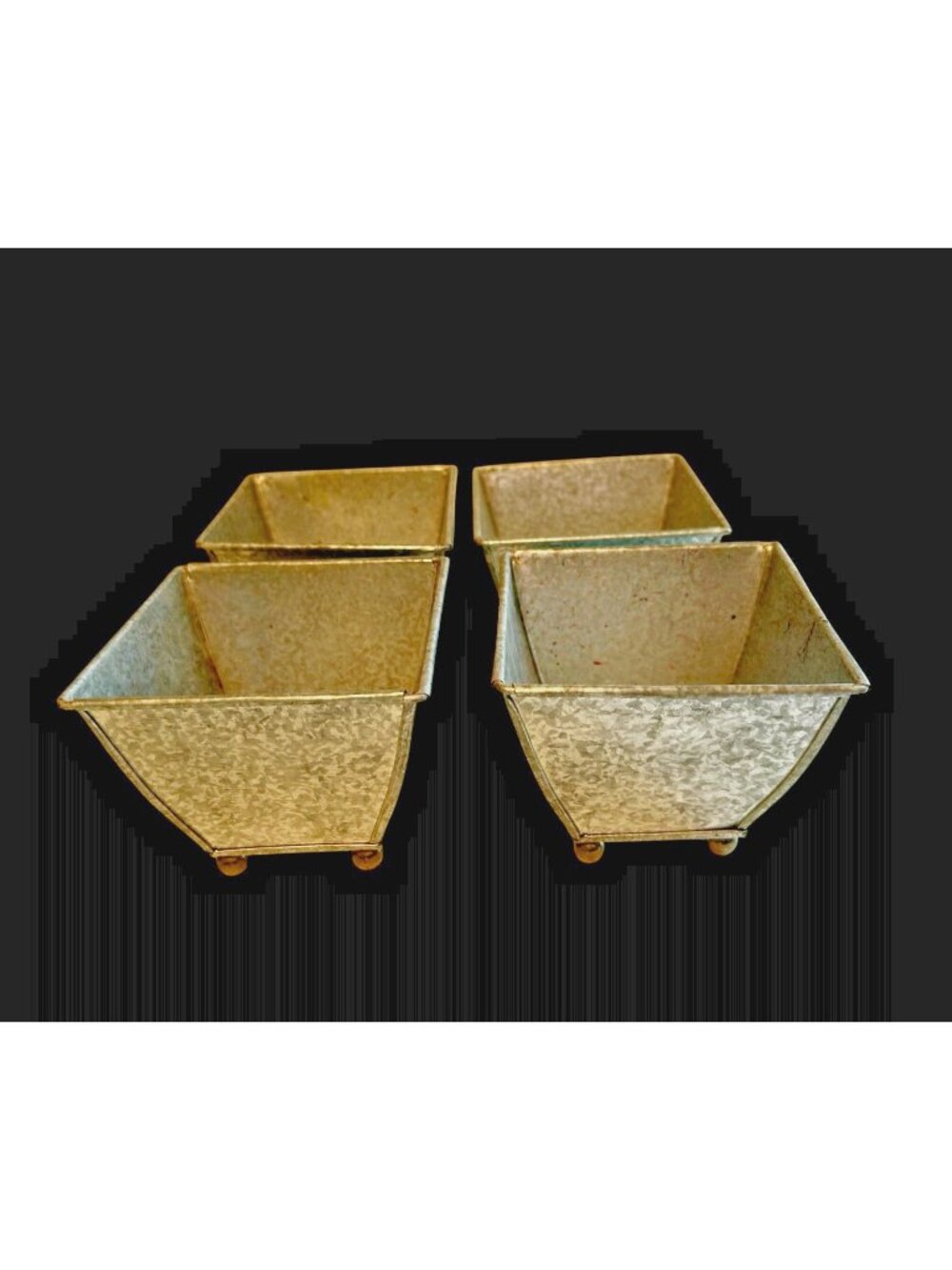 Set of 4 Galvanized Square Planter Pots w Ball Feet Bosley Rolled Edge 3.5"x4"